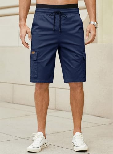 Detalle 2 de JMIERR Cargo Shorts Herren – kurze Baumwoll-Shorts mit elastischer Taille, 6 Taschen, Blau, Größe L (EU 52)