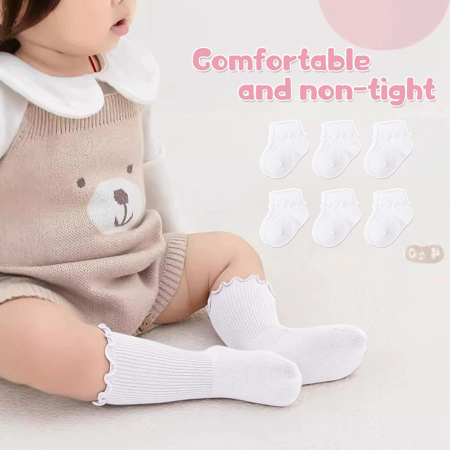 Thumbnail 1 de DRESHOW Infant Ruffle Lace Socks: Non-slip, Plain Yet Frilly Baby Socks for Newborns to Toddlers