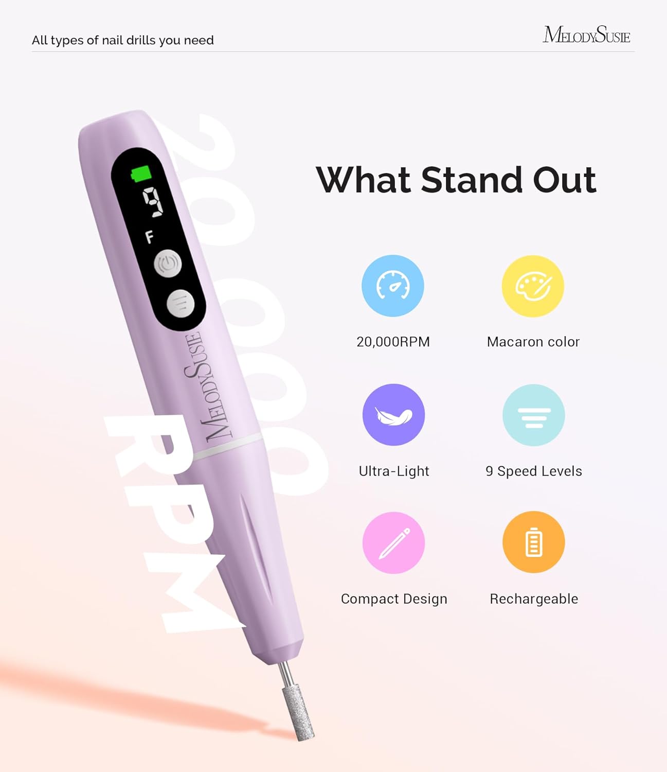 Thumbnail 1 de MelodySusie PC90G ponceuse pour ongles sans fil rechargeable 20 000 tr/min, kit manucure/pédicure violet