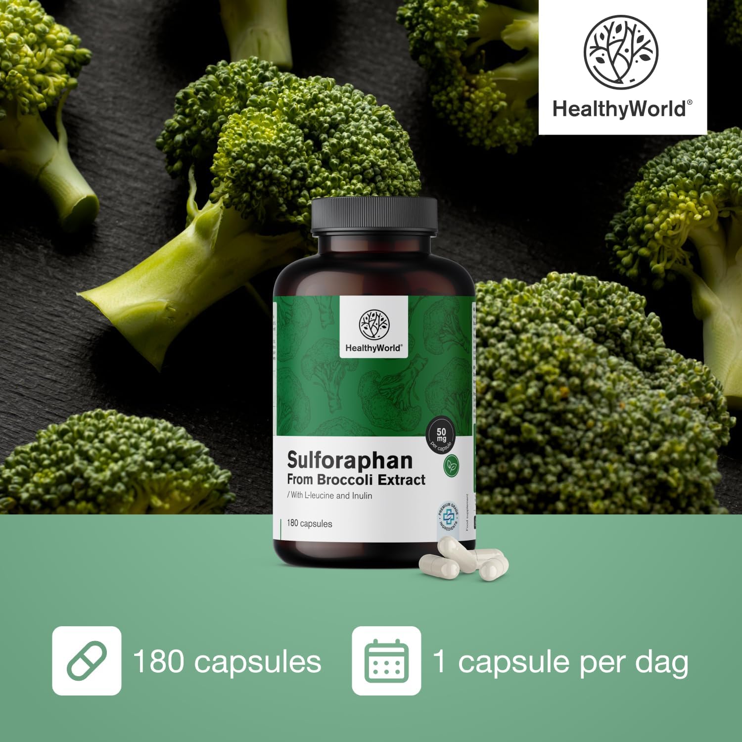 Thumbnail 3 de HealthyWorld Sulforafaan 50 mg capsules, 500 mg broccoliextract, 180 stuks