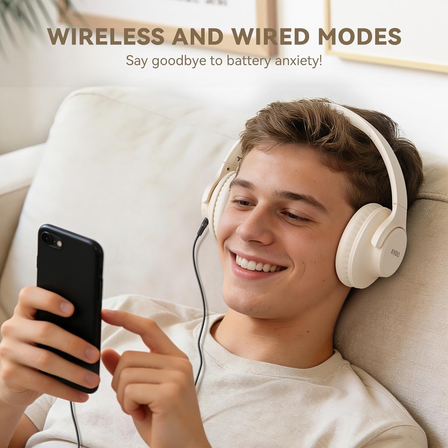 Detalle de KVIDIO Bluetooth Over-Ear Headphones with Mic: 65-Hour Playtime, Foldable Comfort, Deep Bass