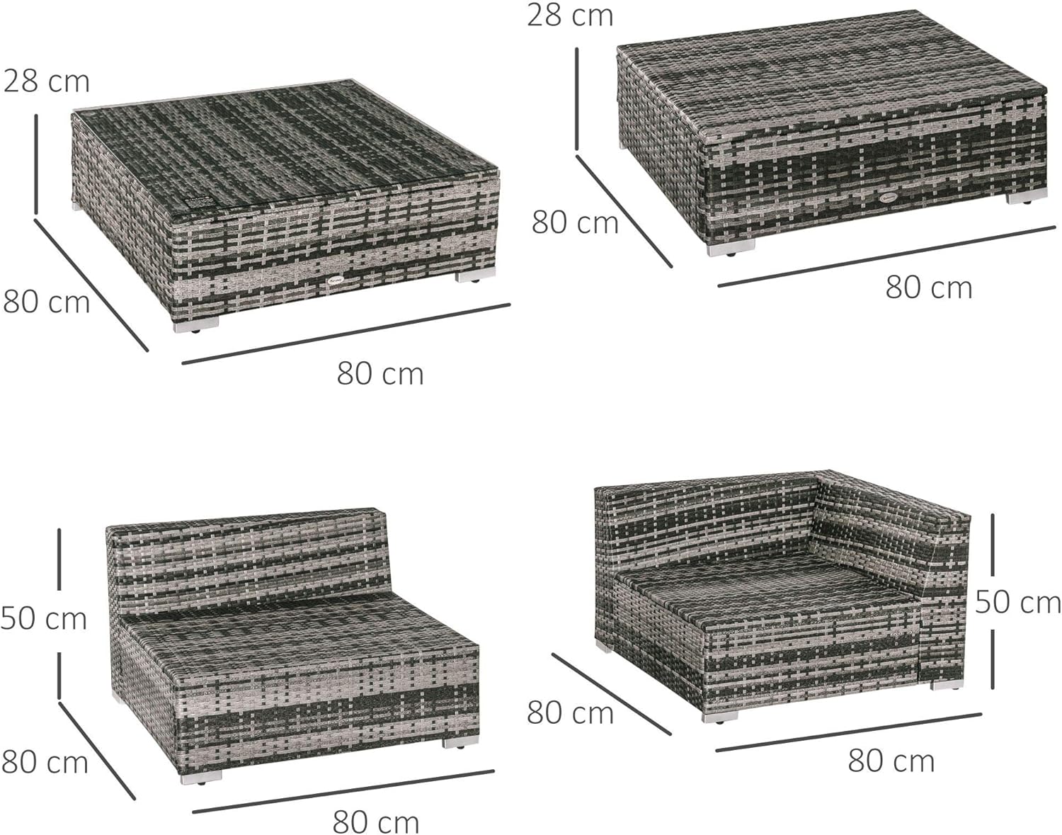 Thumbnail 6 de Outsunny 6-piece rattan effect garden furniture set with 5-seater sofa, glass top coffee table and ottomans (grey)