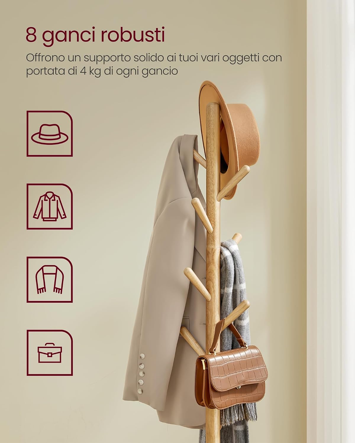 Detalle de VASAGLE Attaccapanni da Terra RCR033N01 beige naturale con 8 ganci e piano portaoggetti (170,5 cm)