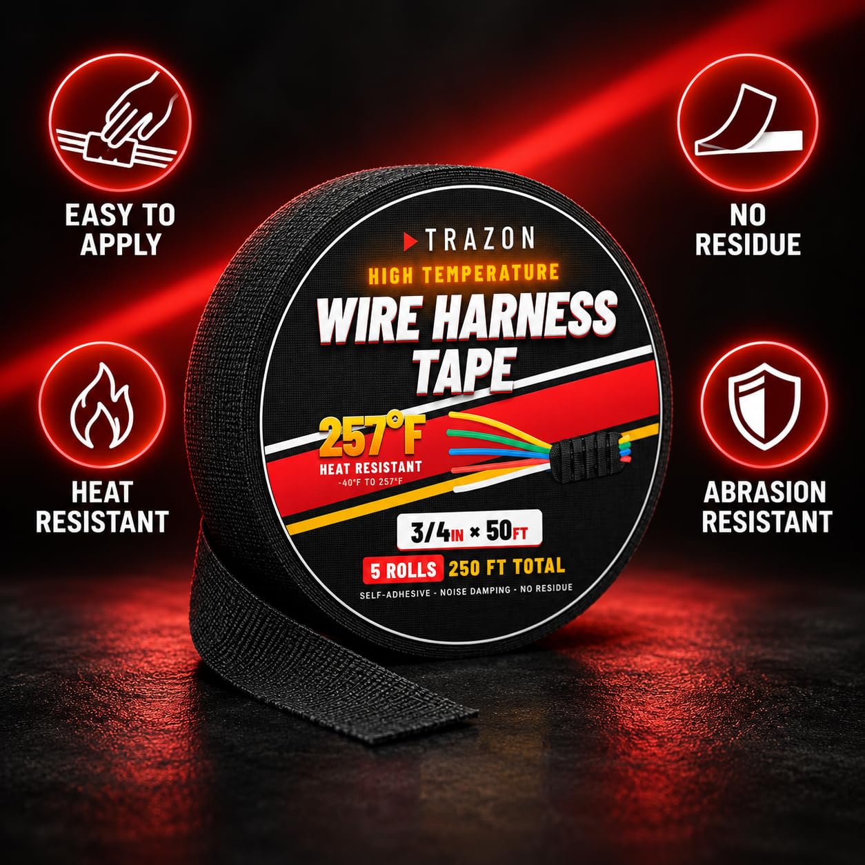 Thumbnail 1 de Trazon 5 Pack 3/4" x 50Ft Black Wire Harness Tape, High-Temp Cloth