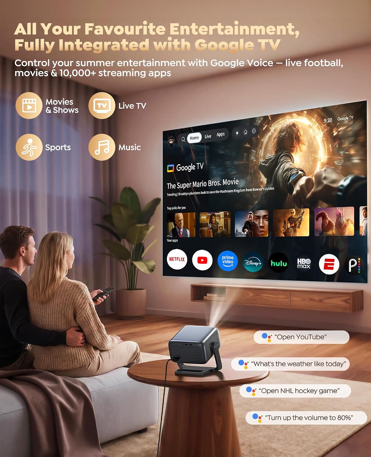 Detalle 2 de Smart 4K Projector with Google TV Built-in and 360° Stand