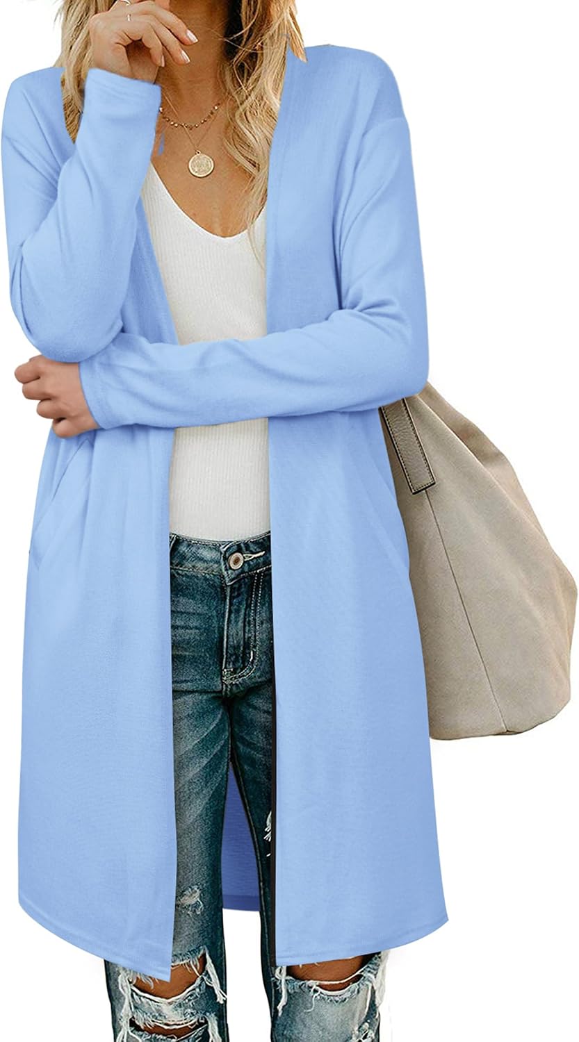 Detalle de OUGES Damen Langarm Strickjacke Lang Leicht Cardigan Casual Strickmantel mit Taschen