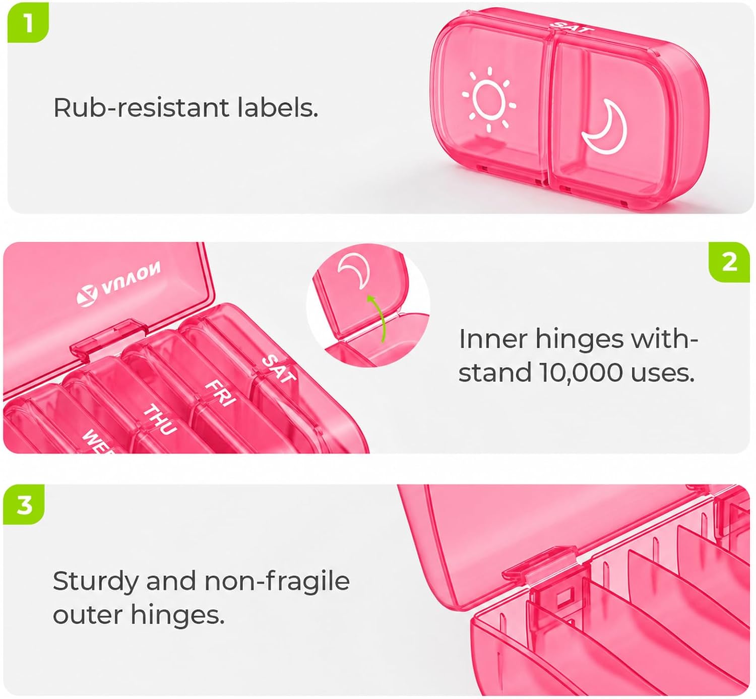 Thumbnail 2 de AUVON Weekly Pill Organizer, 7-Day AM/PM Case, Pink, Easy-Open Design