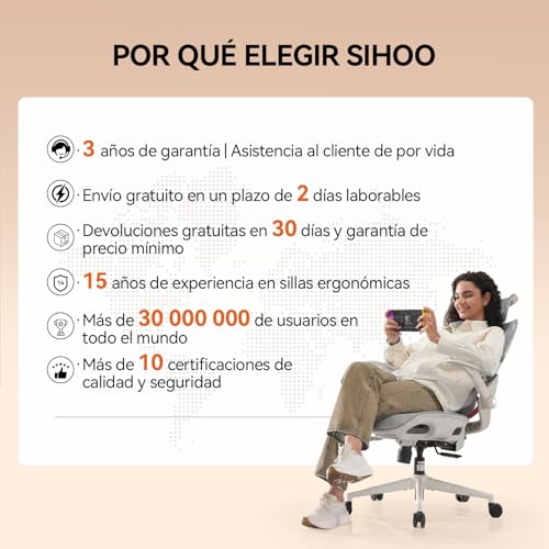 Thumbnail 3 de Silla de Oficina ergonómica SIHOO B100: soporte lumbar dinámico, malla transpirable y reposabrazos abatibles