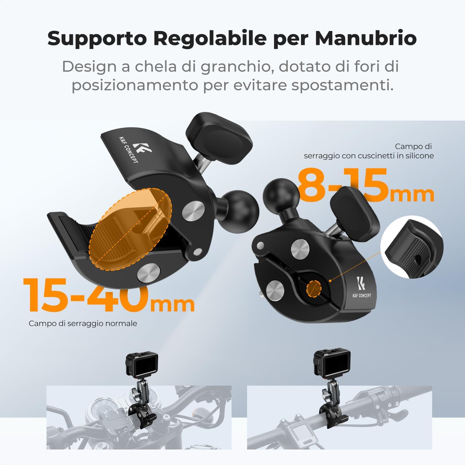 Thumbnail 2 de K&F CONCEPT Pinza per fotocamera/action camera con doppia testa sferica 360° per manubrio bici/moto