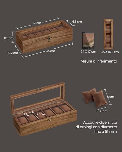 Thumbnail 5 de SONGMICS JOW006K01 scatola per orologi in legno, 6 scomparti e coperchio in vetro