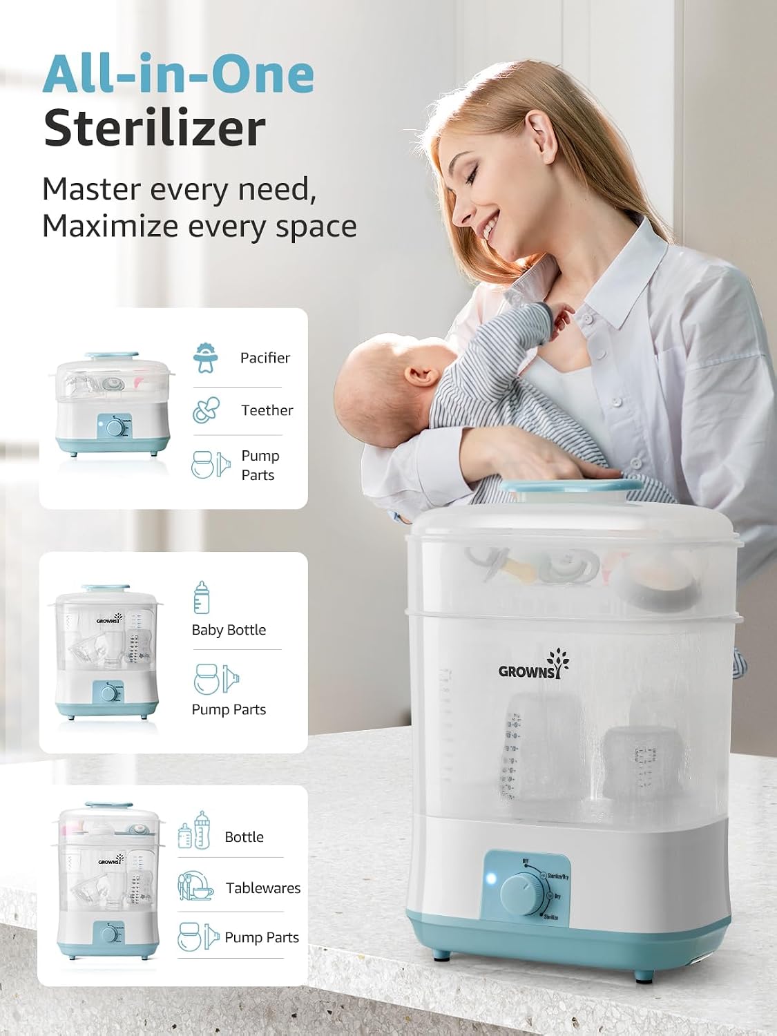Detalle de GROWNSY BS706 4-in-1 Baby Bottle Sterilizer and Dryer, Blue, 72-Hour Storage