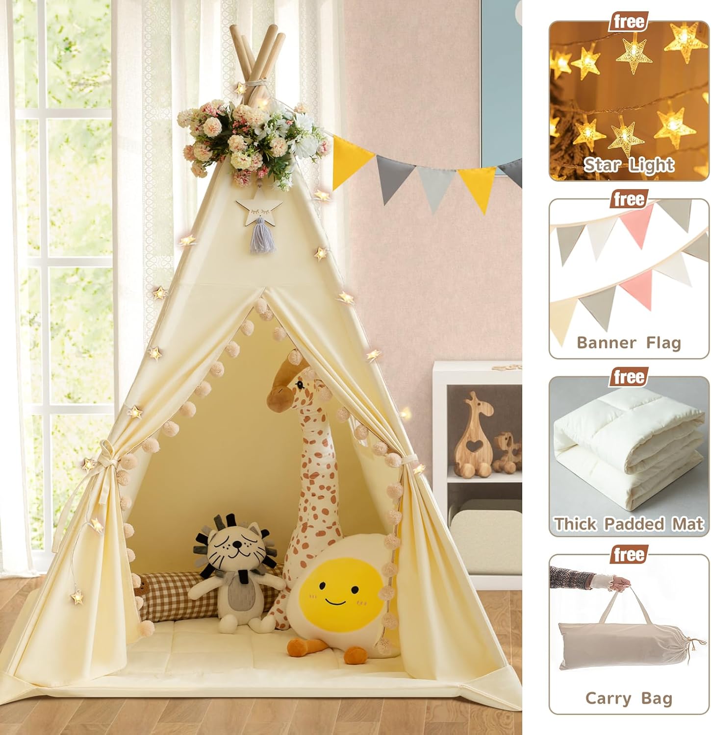 Detalle de WIRHAO kids teepee tent with padded mat, cotton canvas and star lights (cream)