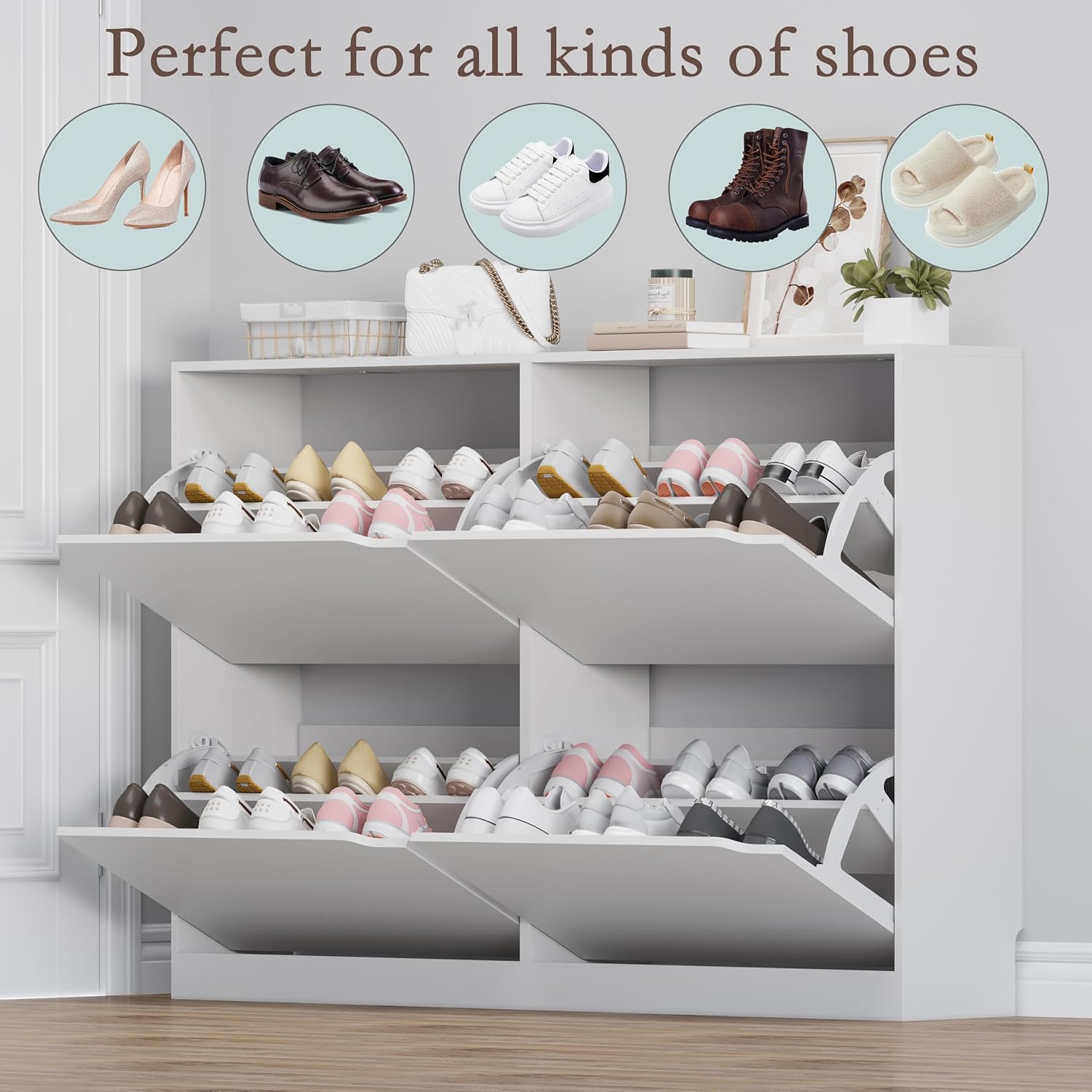Detalle 2 de BORNOON 4-Drawer Shoe Cabinet, Slim White Engineered Wood Storage