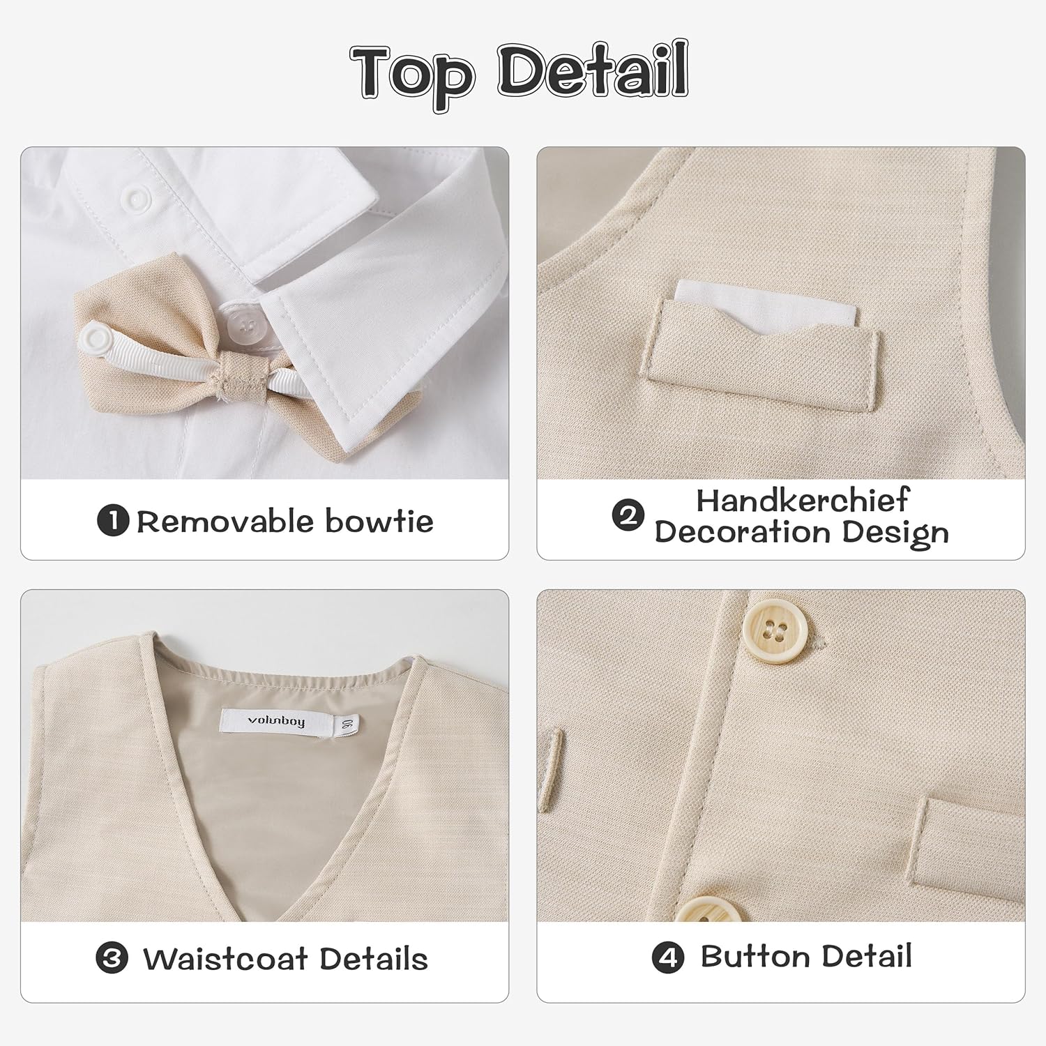 Thumbnail 4 de Volunboy Bébé Garçon – Ensemble costume 4 pièces pour mariage d’été (chemise courte, gilet, corbata amovible, short)
