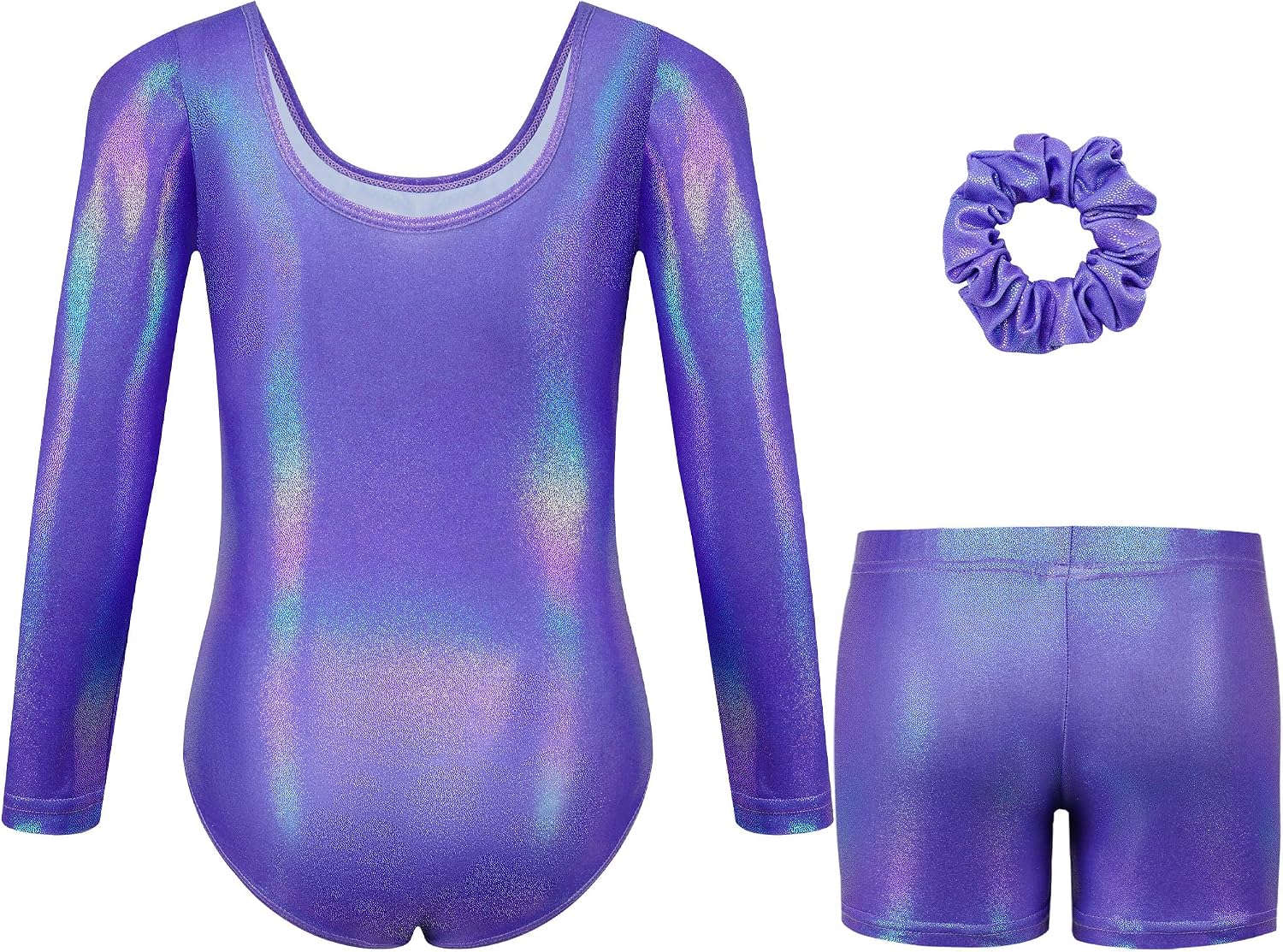 Detalle 2 de Gogokids Mädchen Dreiteiliges Gymnastikset – ärmelloser Y-Hals Leotard, Shorts & Haarband mit Farbverlauf