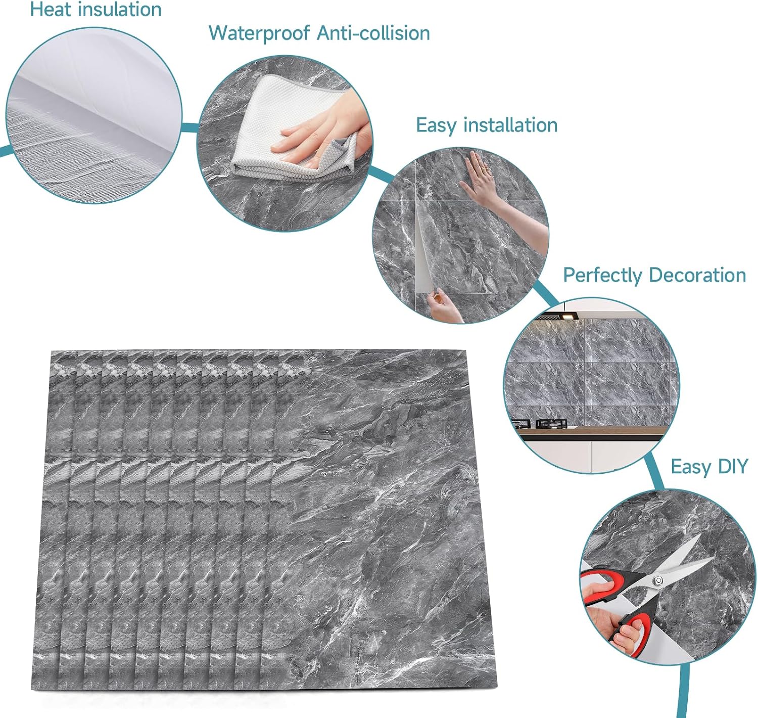 Thumbnail 2 de Warmiehomy Marble Tiles 60x30cm (10 Pack) Self-Adhesive Waterproof Peel-and-Stick Wall Tiles – Earl Grey