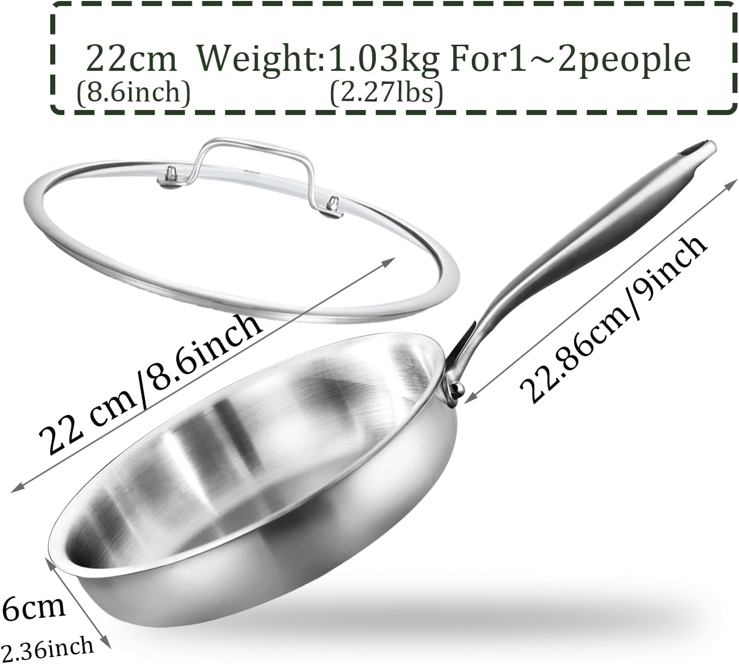 Detalle 2 de DELARLOCHEF Edelstahl-Bratpfanne Tri-Ply mit Deckeln, 22 cm – induktionsgeeignet, bis 315 °C ofenfest