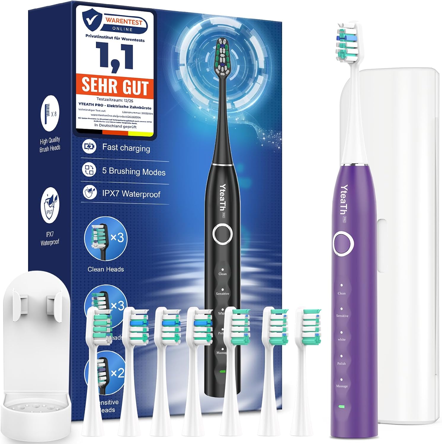 Detalle de YTEATH PRO Brosse à dent électrique sonique pour femme (violet foncé) avec 8 têtes, 5 modes et étui de voyage