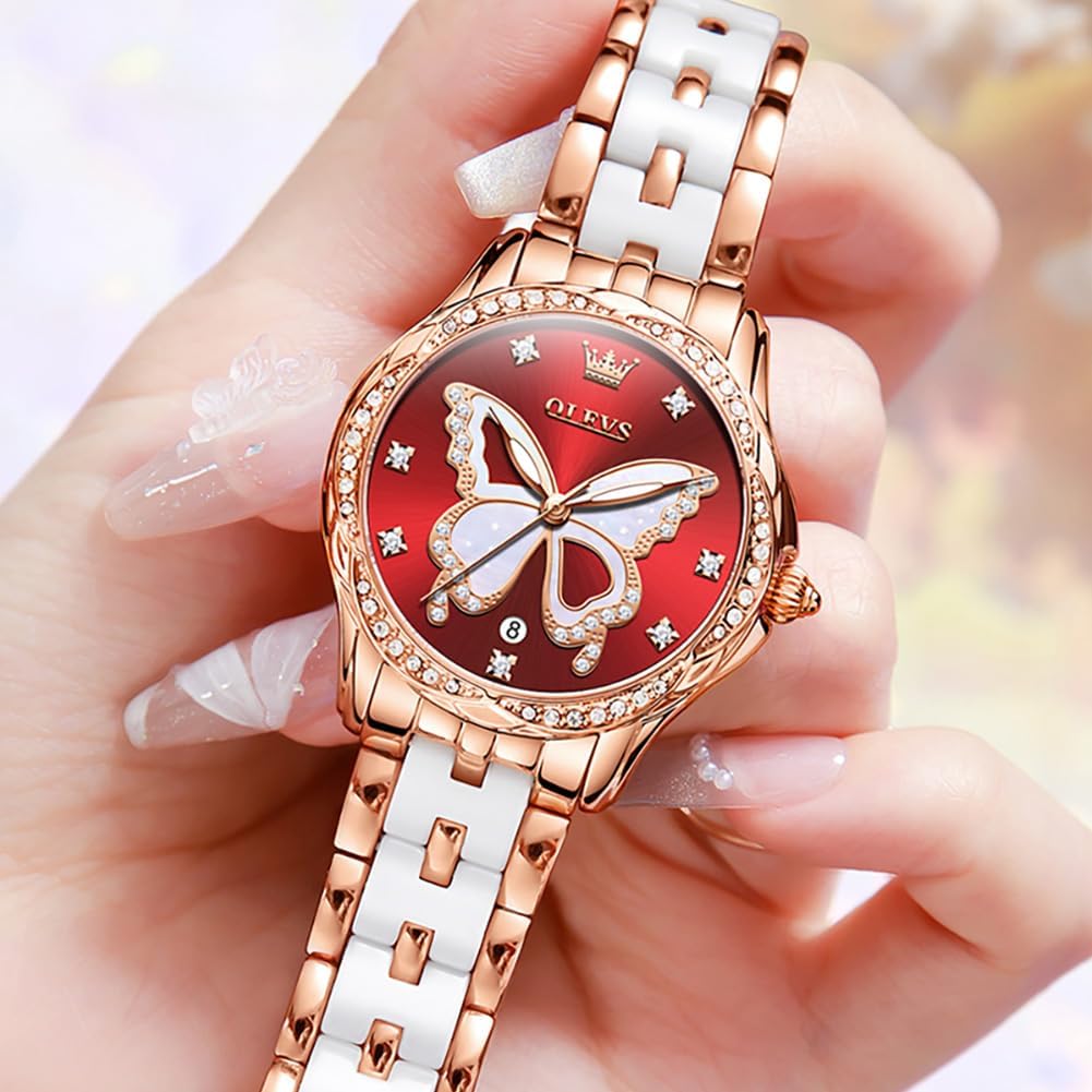 Detalle 1 de OLEVS Damen Diamantuhr Roségold Keramikglas 41mm