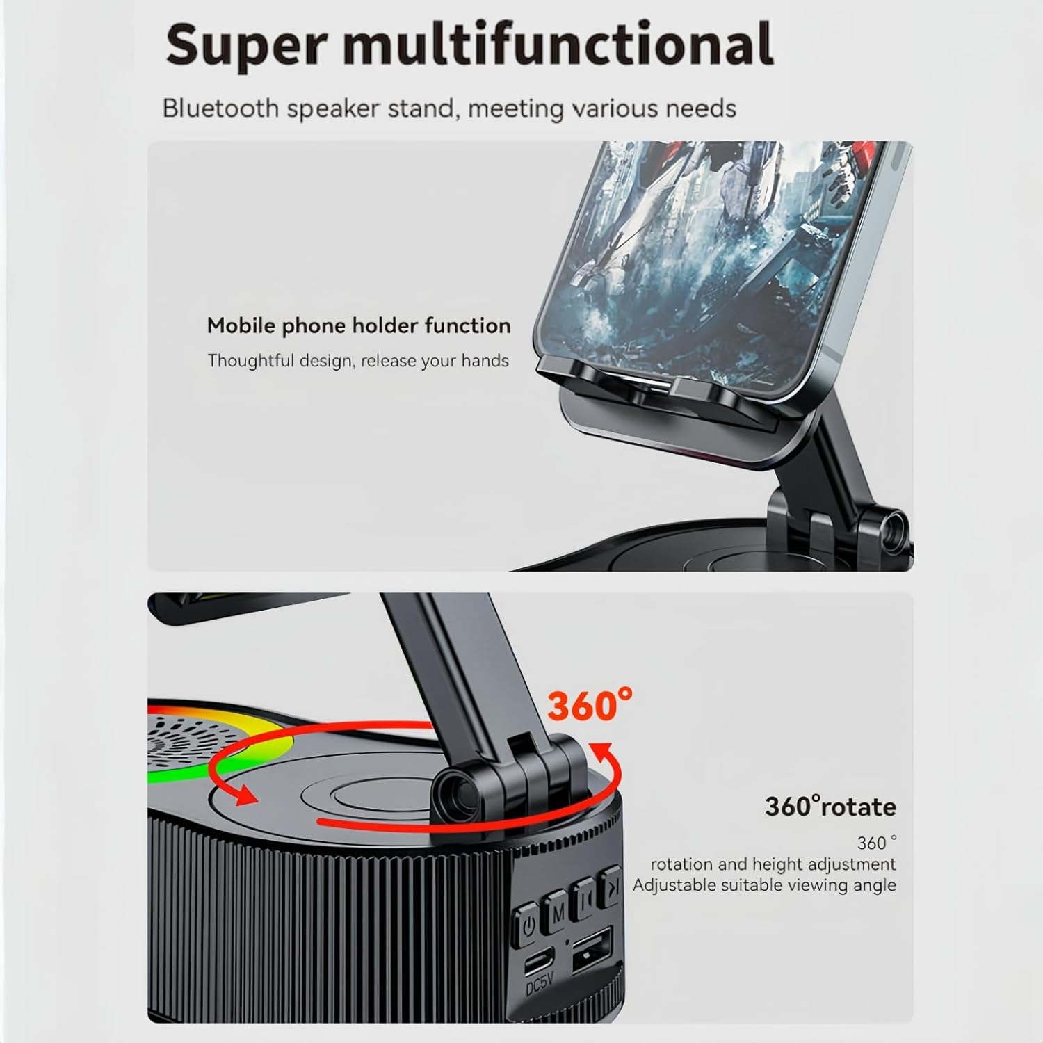 Thumbnail 3 de Luonaa 4-in-1 Cell Phone Stand with Bluetooth Speaker, charging and 360° rotation (Black)