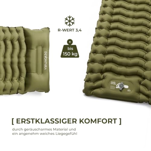 Detalle de DEVONTURA Aufblasbare Isomatte mit Fußpumpe & Kissen – 10 cm Liegehöhe, 195x68 cm, kompakt & robust