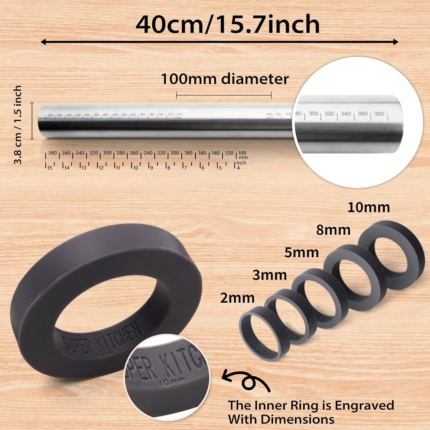 Thumbnail 1 de SUPER KITCHEN Rouleau à pâtisserie antiadhésif ajustable en acier inoxydable (40 cm, anneaux amovibles 5 tailles)