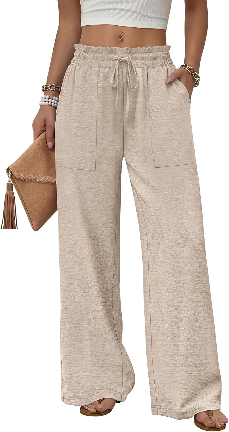 Detalle de WIHOLL Women's Wide Leg Pants with Pockets – Flowy Comfort for Summer to Vacation
