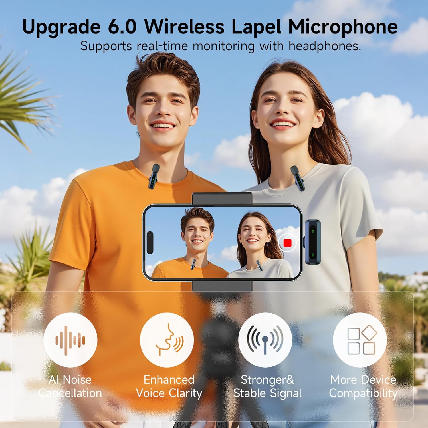 Detalle de Mikrofon handy für iPhone & USB-C – kabelloses Lavalier-Mikrofon mit LED-Display