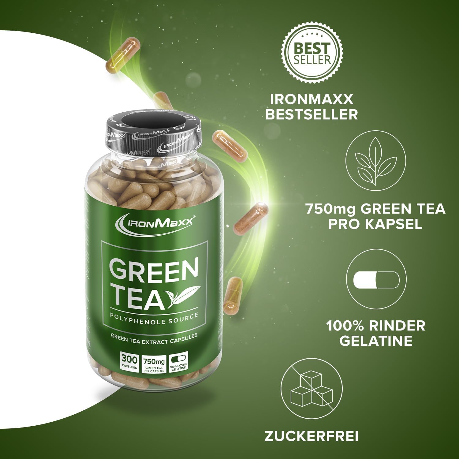 Detalle de IronMaxx Green Tea – 300 Kapseln, Grüntee-Extrakt mit 339 mg EGCG und 180 mg Koffein pro Tagesdosis