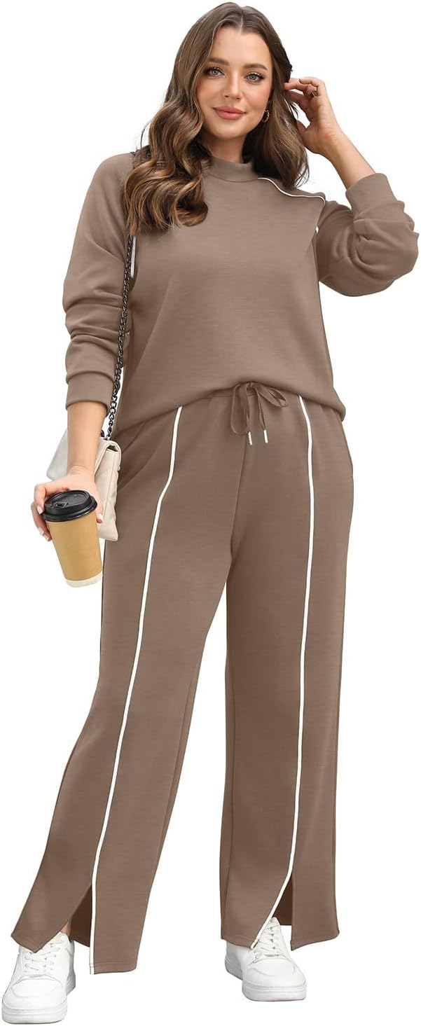 Detalle de WIHOLL Women’s 2-Piece Lounge Set (Mock Neck + Wide-Leg Pants) for Fall