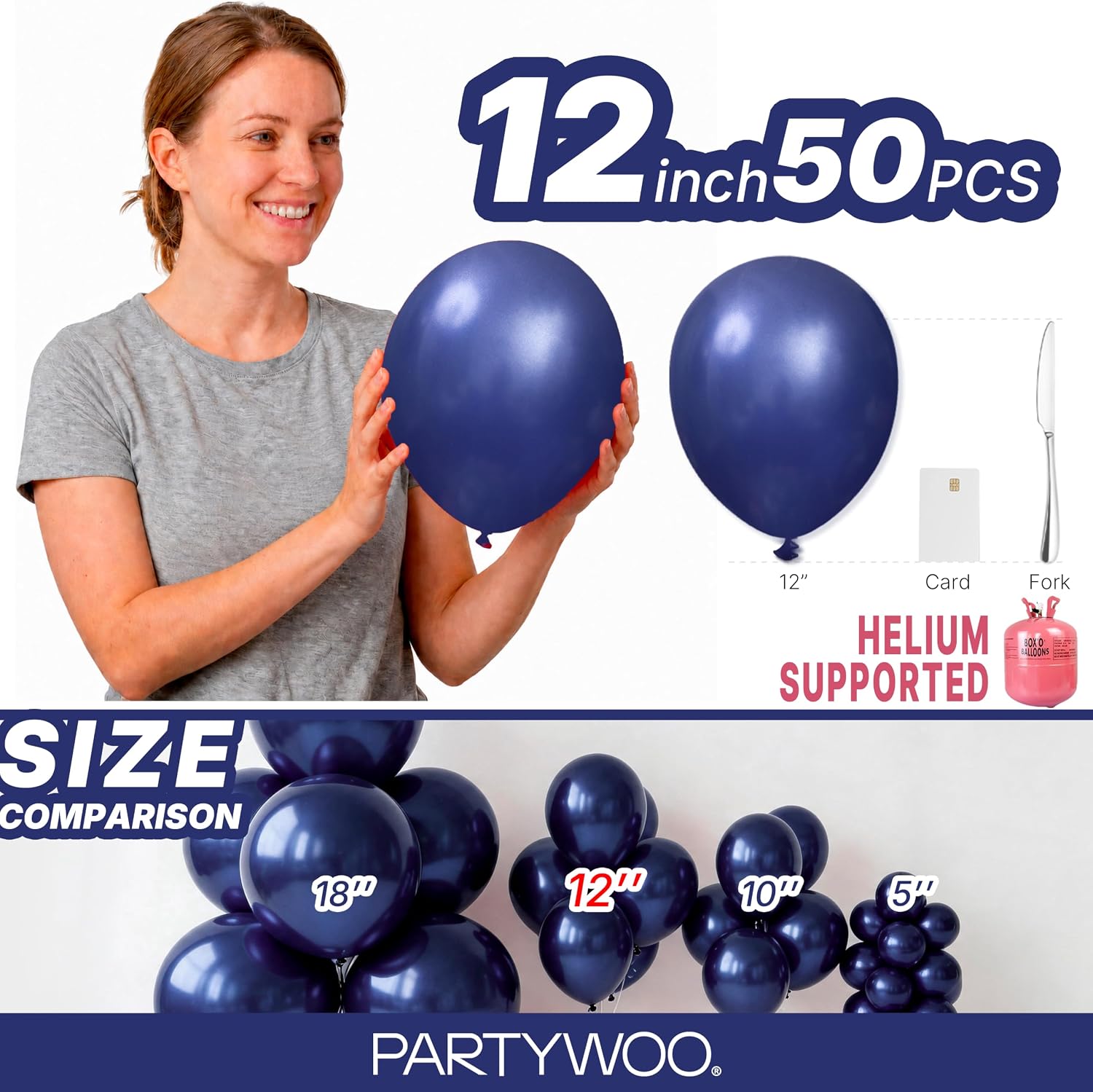Detalle 2 de PartyWoo 740385211157 Navy Blue Latex Balloons, 12-Inch, 50-Count