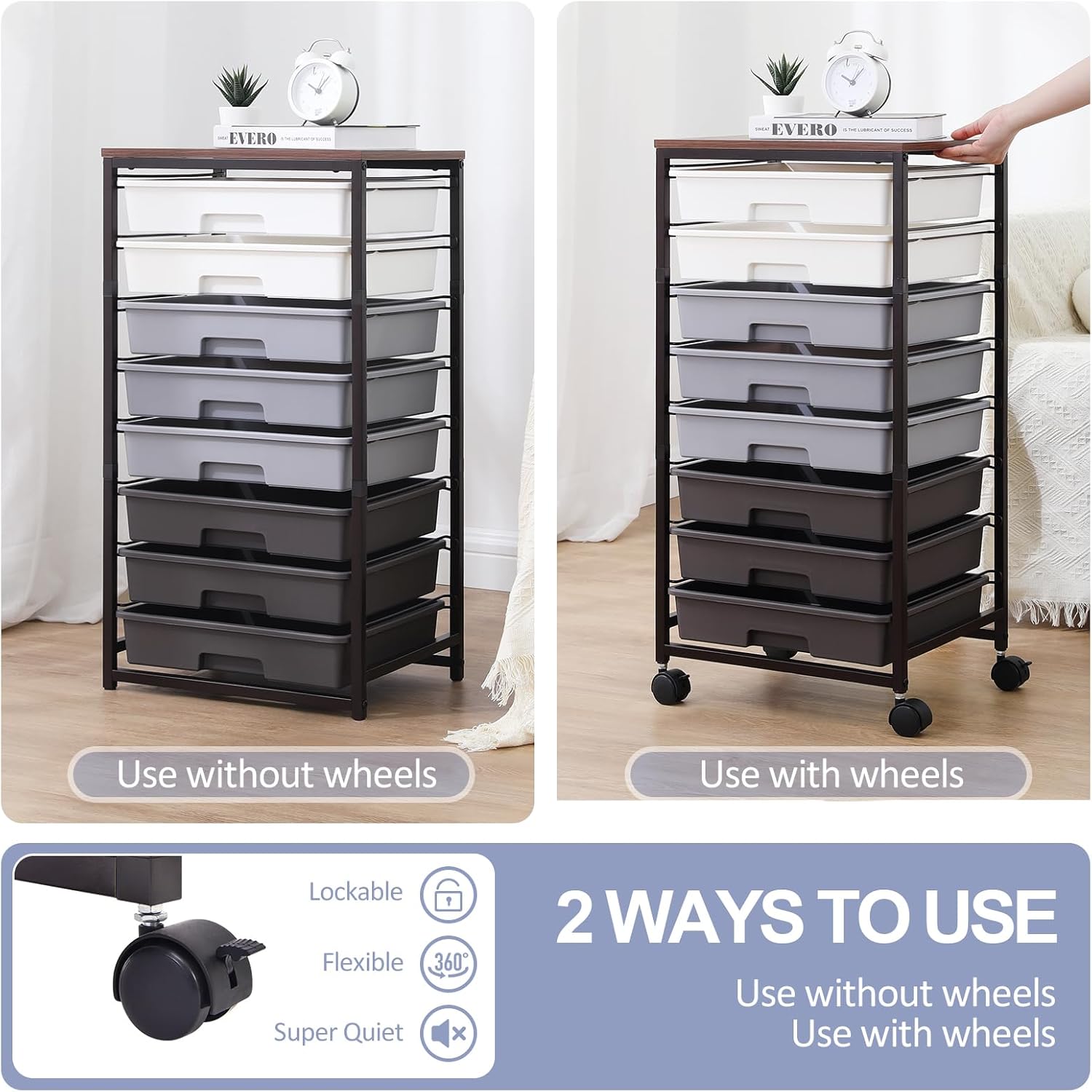Detalle 1 de SYKIARIOL 1250-5 8-Drawer Rolling Utility Cart with Wooden Top