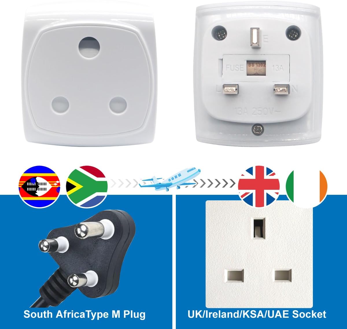Detalle de South Africa Plug Type M to UK Socket Adapter (BS 8546) – 13A Fuse with Safety Shutter