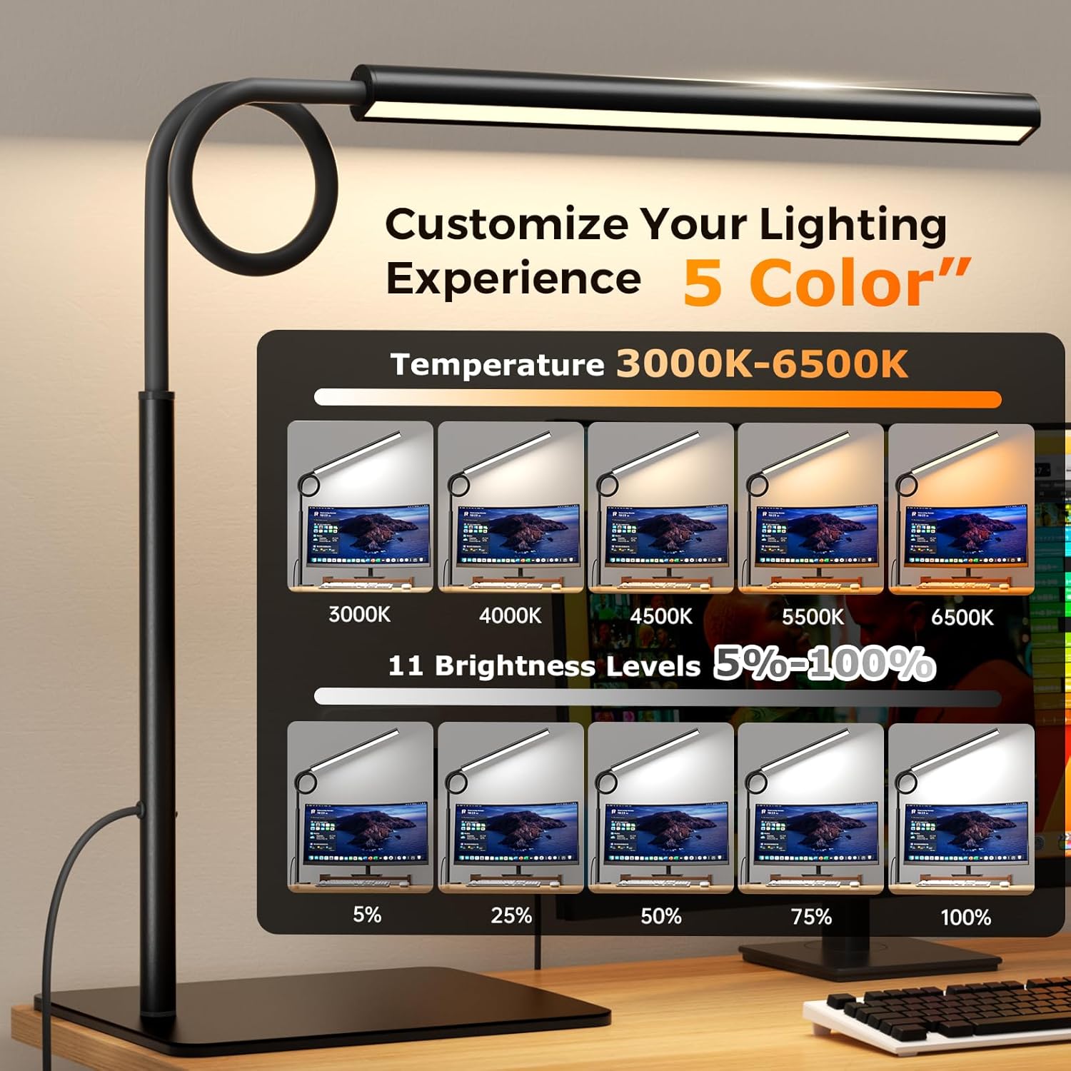 Thumbnail 1 de WHW3WIN LED Desk Lamp with Clamp and Base – Flexible Gooseneck, 5 Lighting Modes, 11 Levels, Timer & Memory