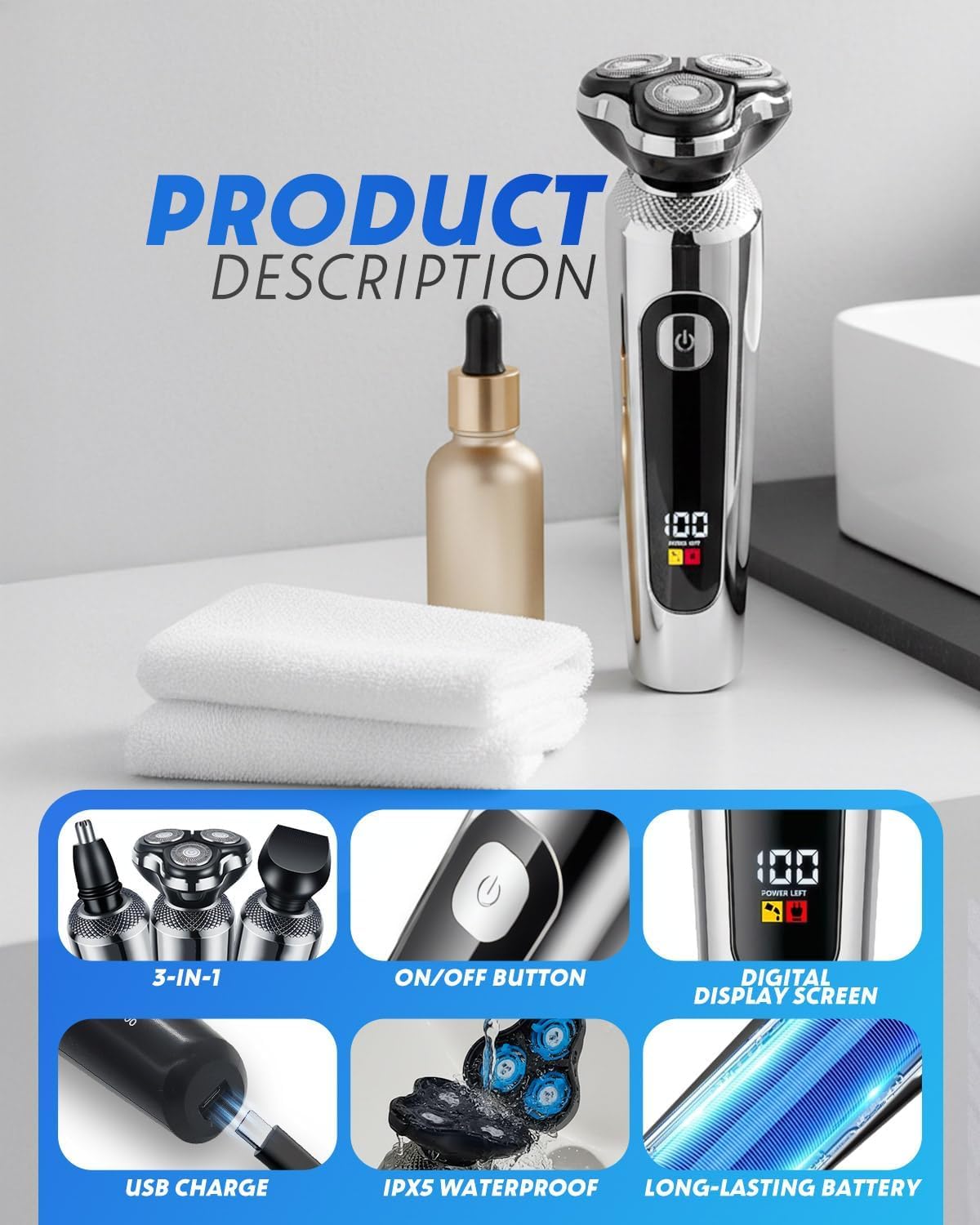 Detalle de Rantizon 3-in-1 Electric Razor for Men: Beard, Nose & Sideburn Trimmer (IPX7, Turbo LED)