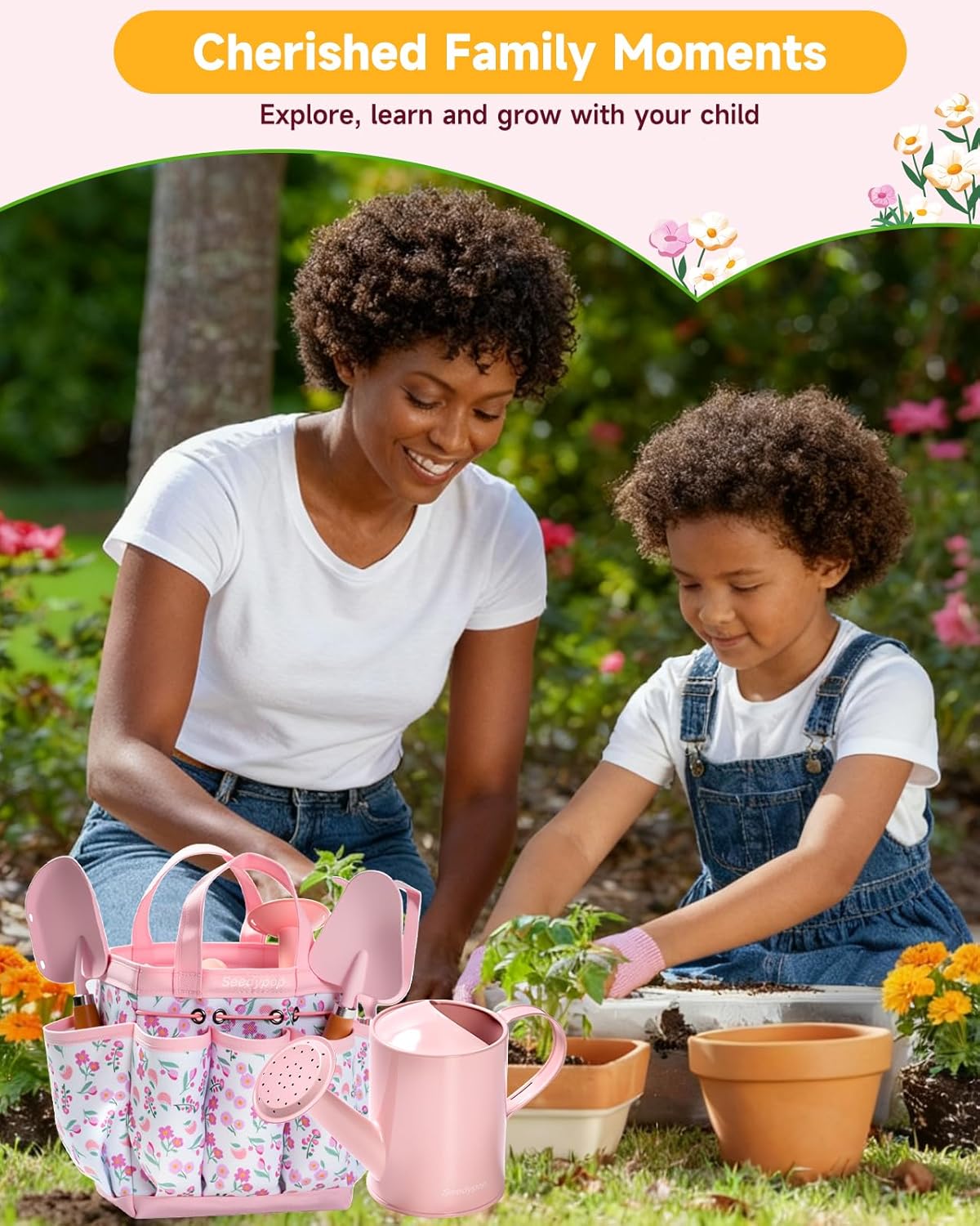 Thumbnail 6 de Seedypop Kids Gardening Tool Set Toys – 8-Piece Garden Kit with Real Wood Tools, Hat, Apron, Gloves & Storage Bag (Pink Flower)