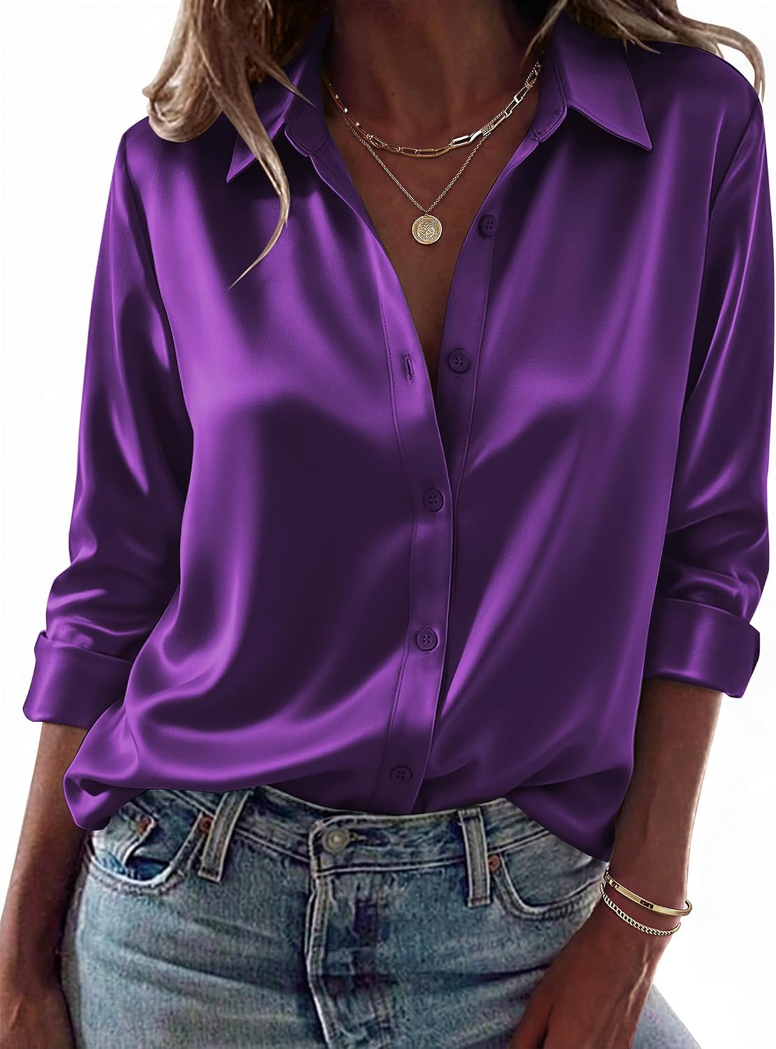 Detalle de Zeagoo Long-Sleeve Satin Button-Down Blouse for Women