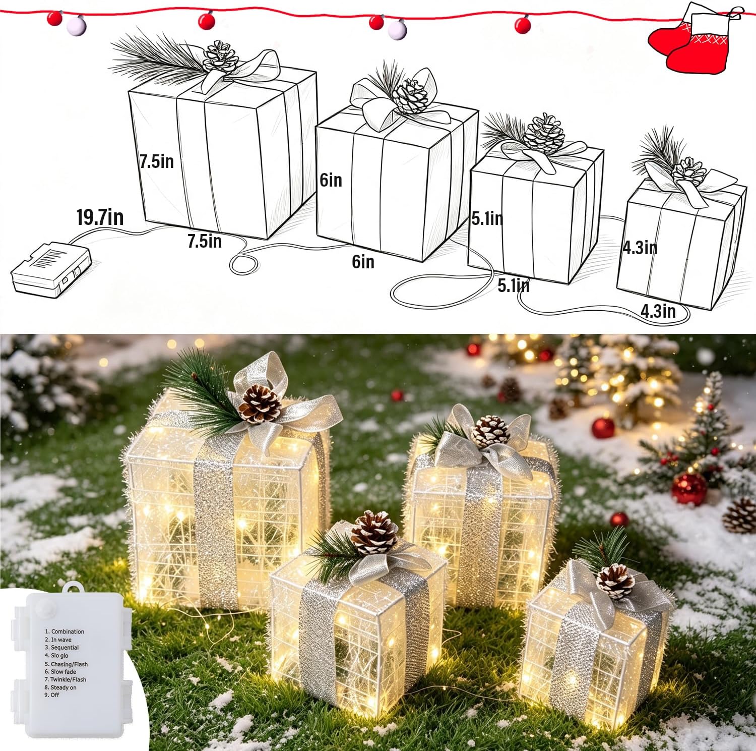 Thumbnail 3 de Hourleey CL-70WC Christmas Lighted Gift Boxes, 70 LED, Warm White, 8 Modes