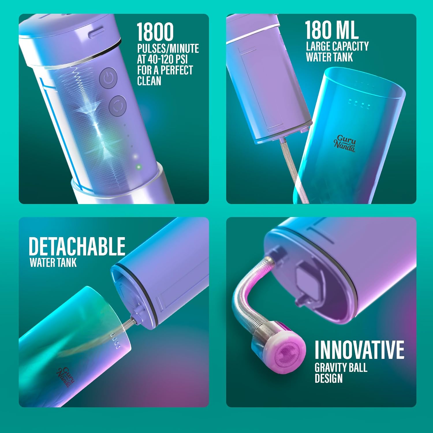 Detalle de GuruNanda Compact Water Dental Flosser: Portable Travel-Ready Oral Irrigator (Lavender)