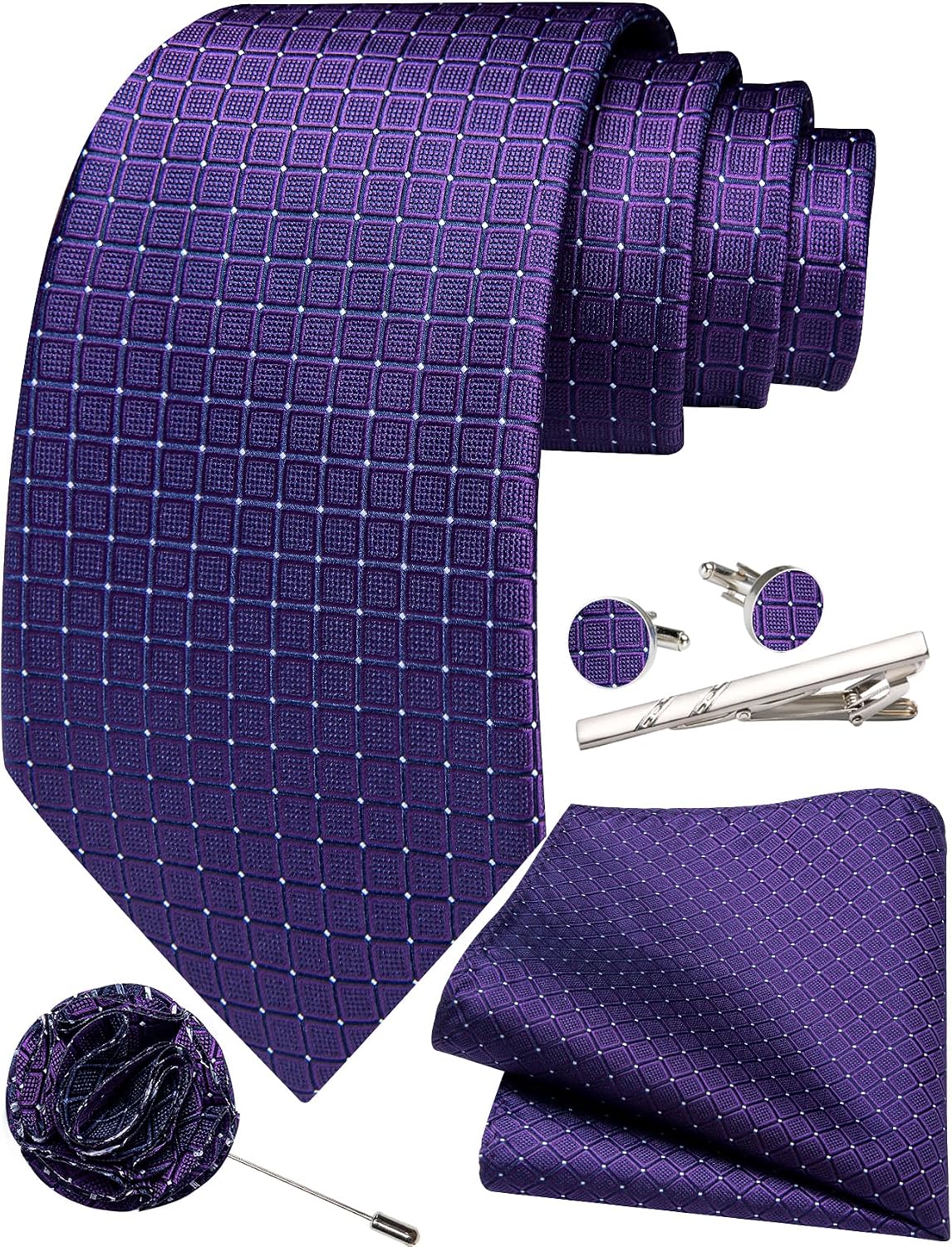 Detalle de Ailisus Men’s ties and pocket square set (plaid silk look) with cufflinks, lapel pin and tie clip – 5-piece formal accessory set