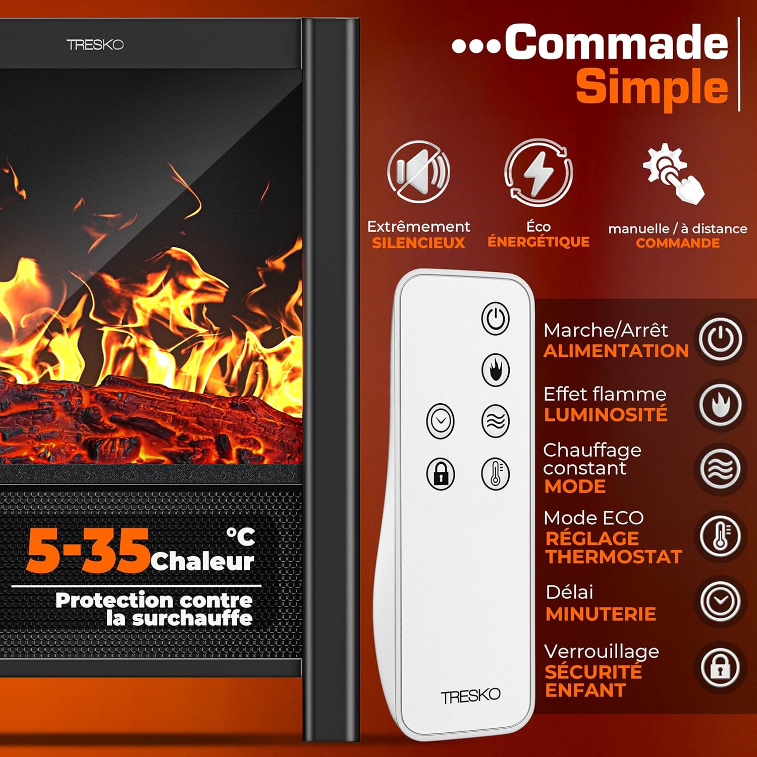 Thumbnail 5 de TRESKO Cheminée électrique 2000W – Chauffage LED 4 niveaux, WiFi App SmartLife et télécommande