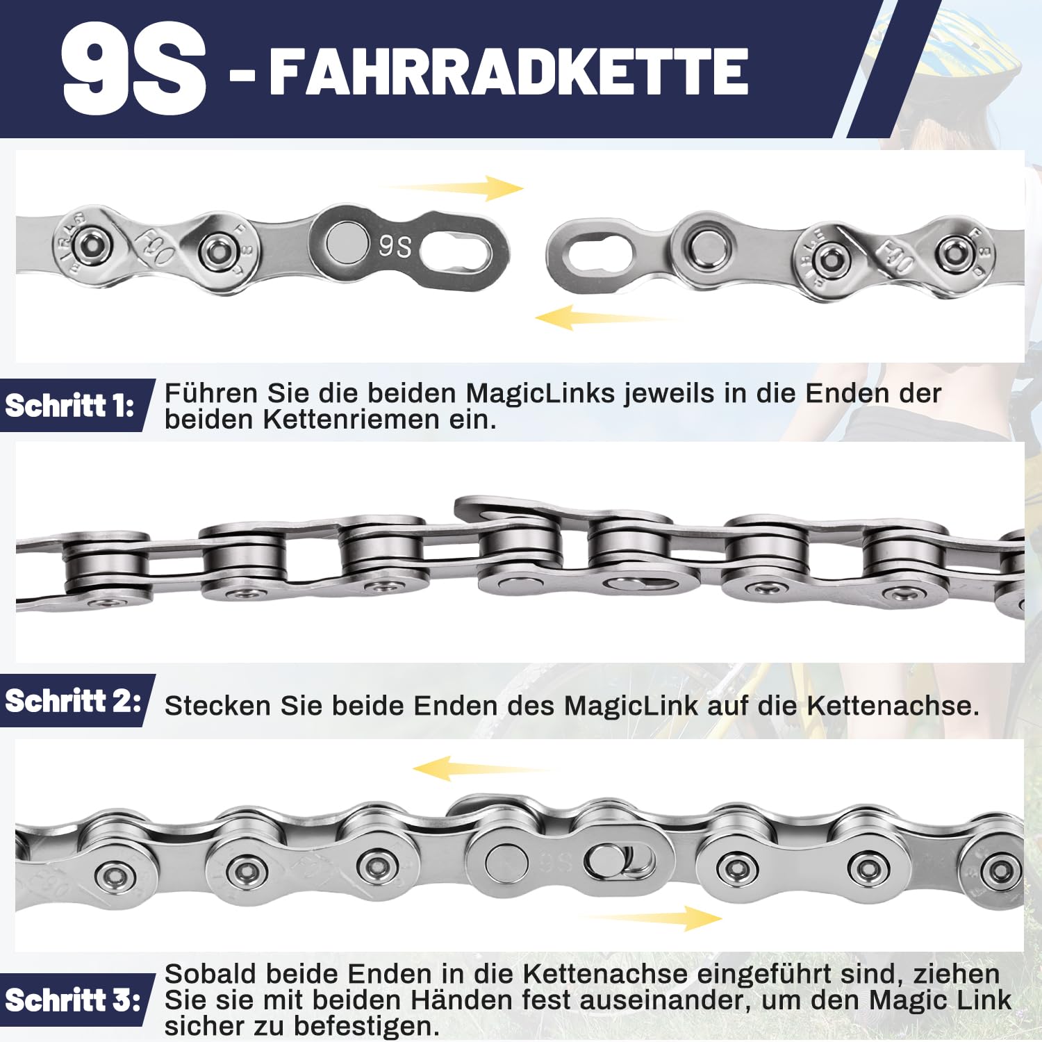 Detalle de Wicbb 9-fach Fahrradkette 116 Glieder mit Kettenschloss – 9S MTB/Rennrad