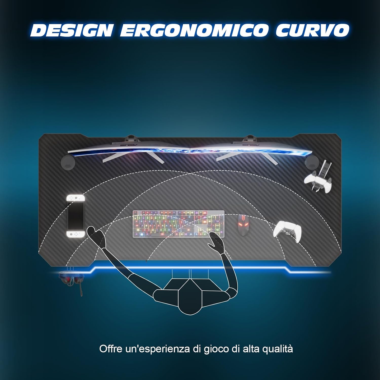 Detalle 2 de TRIUMPHKEY scrivania gaming 80×52 cm in fibra di carbonio, gambe a Z e supporto cuffie