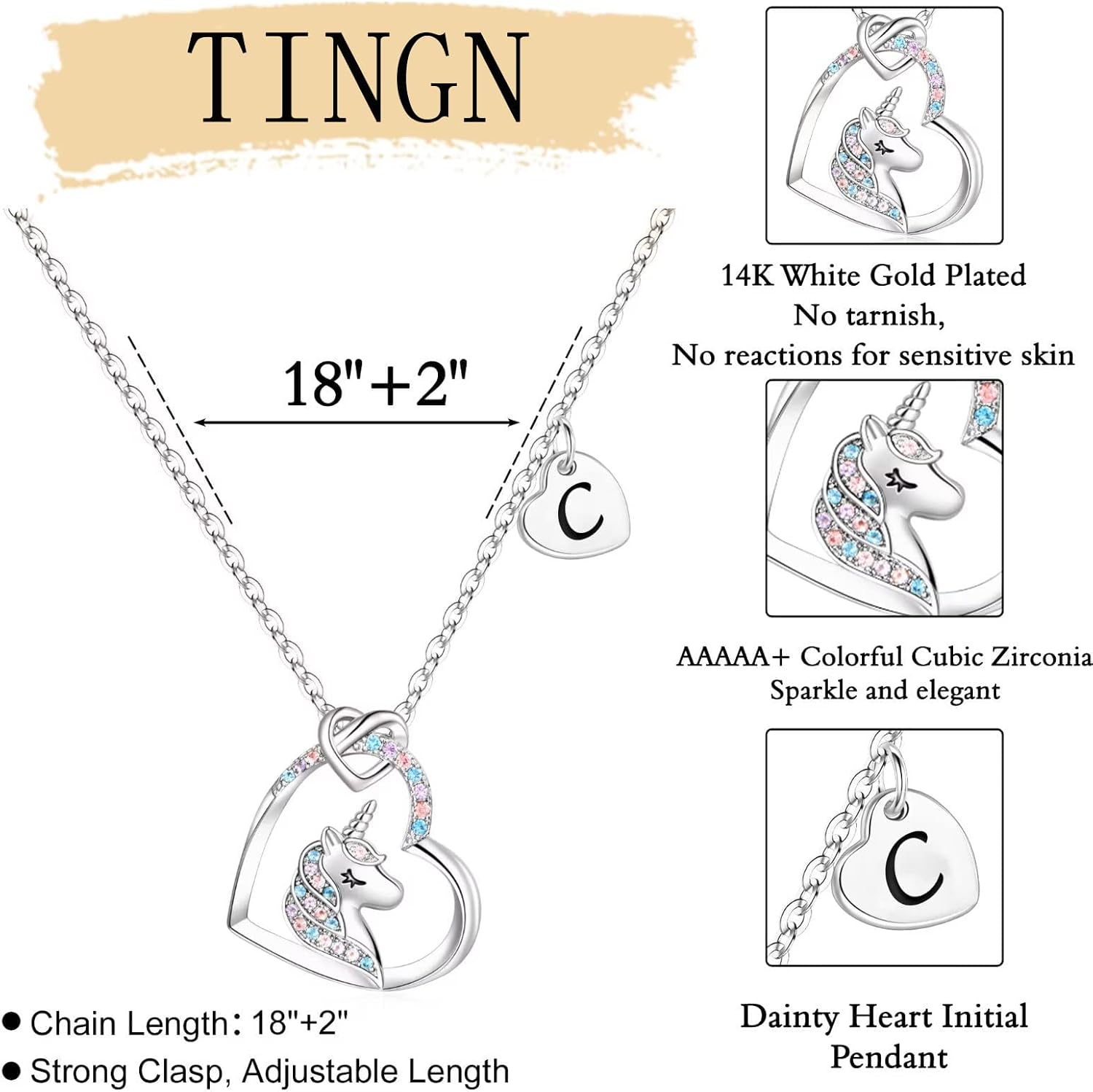 Detalle de TINGN Einhorn-Kette für Mädchen mit Herz-Anhänger und Buchstaben, 14K Weißgold vergoldet, CZ – Ostergeschenk