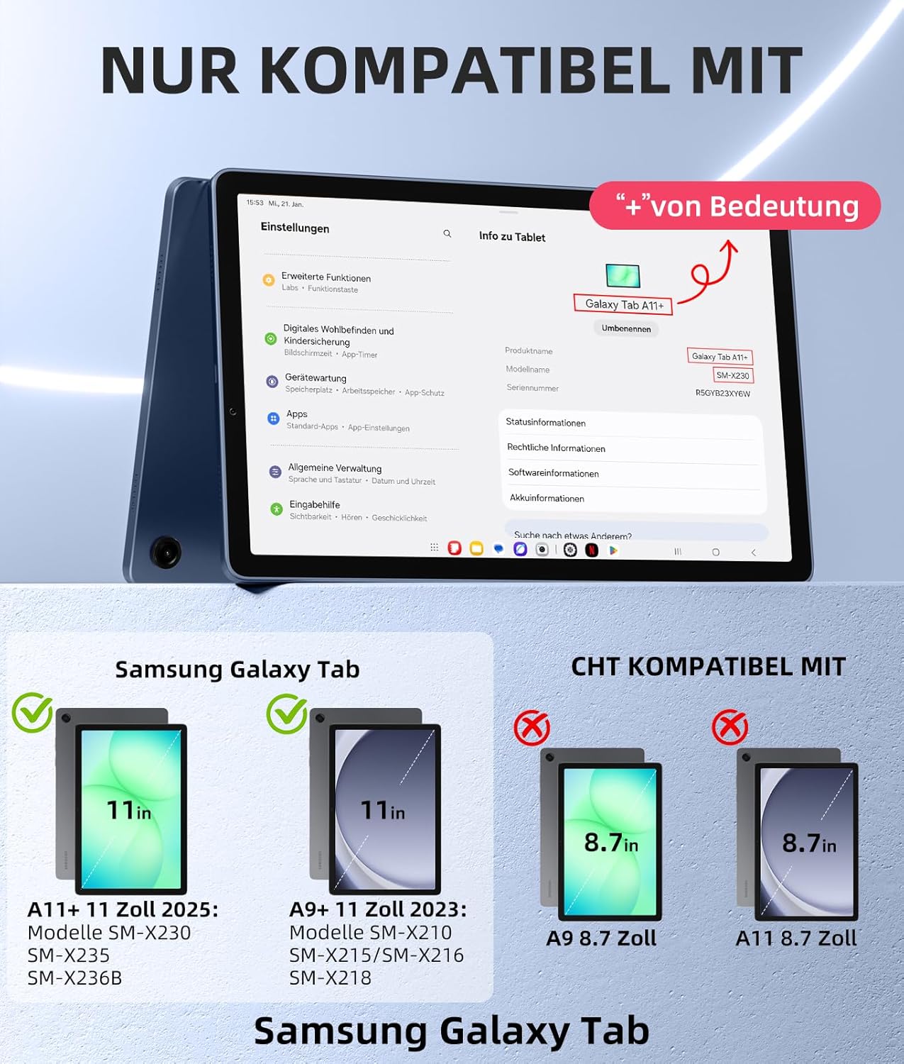 Thumbnail 1 de Vobafe Hülle mit Tastatur für Samsung Galaxy Tab A11+ Plus 11 Zoll (2025) / Tab A9+ Plus (2023) – 7 Farben, beleuchtete Tastatur, Abnehmbare Tastatur