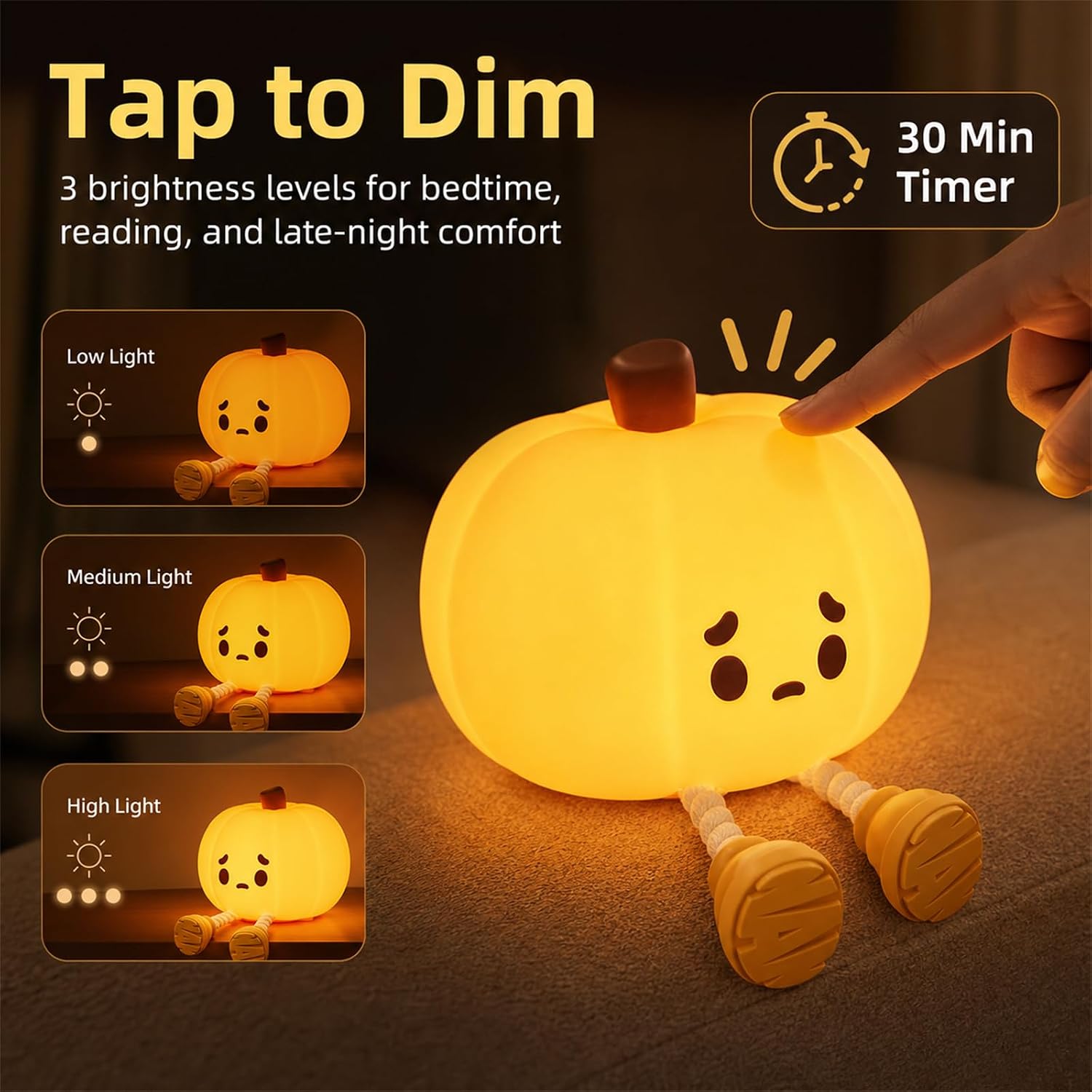 Detalle de MUID Halloween Pumpkin Night Light, Rechargeable Silicone Touch Lamp