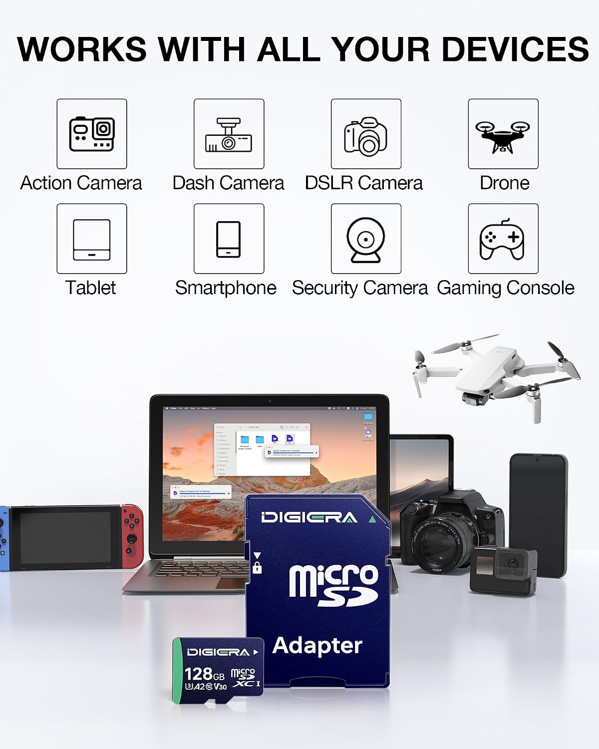 Detalle de DIGIERA 128GB CT100 microSDXC UHS-I Memory Card with Adapter