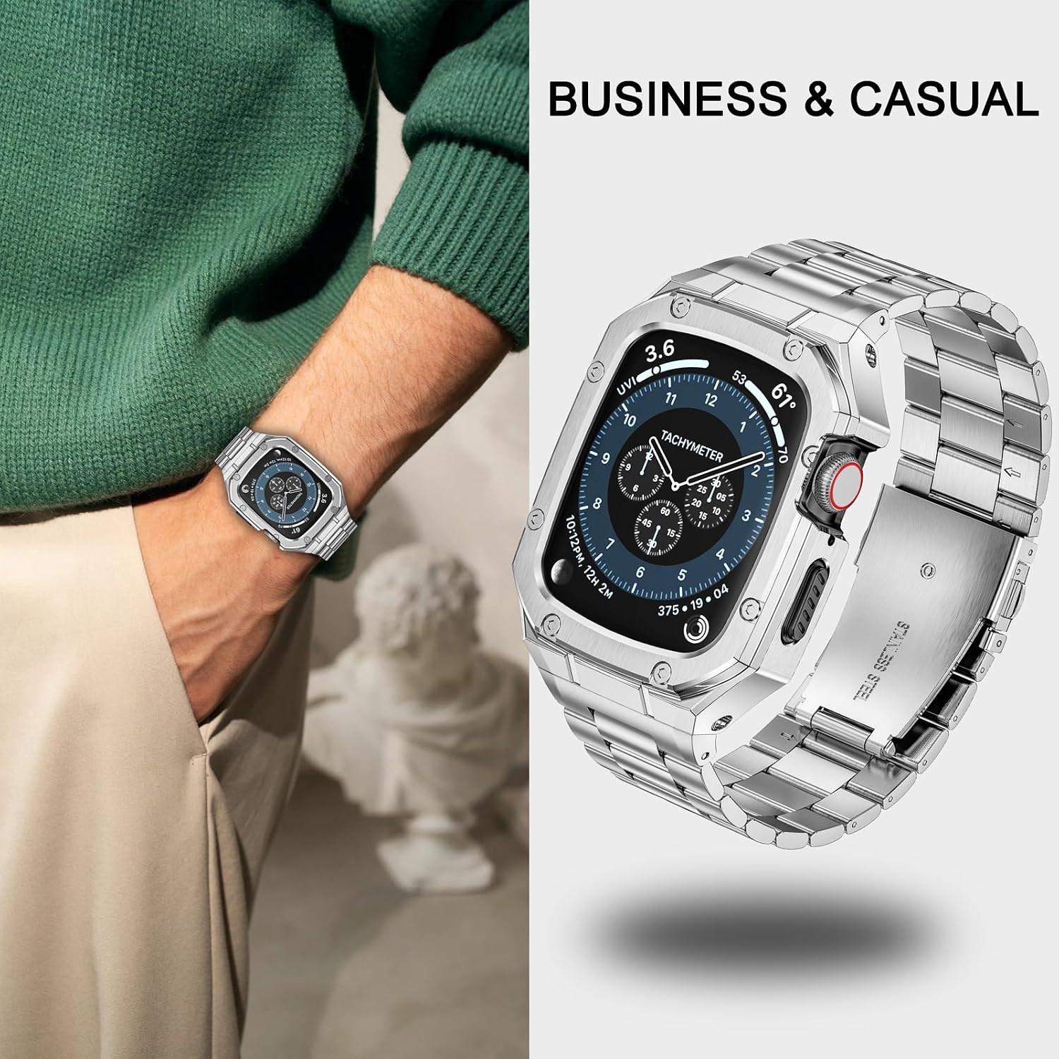Detalle de Deczone Edelstahl-Armband mit Gehäuse für Apple Watch 42/44mm – kompatibel mit Series SE, 6, 5, 4, 3, 2, 1