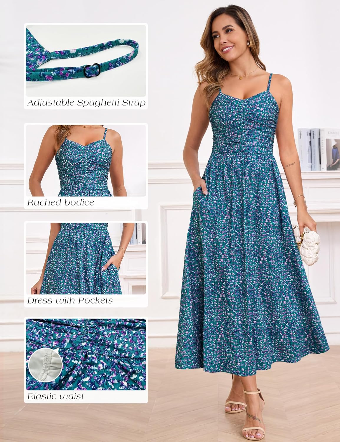 Thumbnail 4 de Annebouti Ruched Maxi Dress with Adjustable Spaghetti Straps, Floral Print, and Pockets