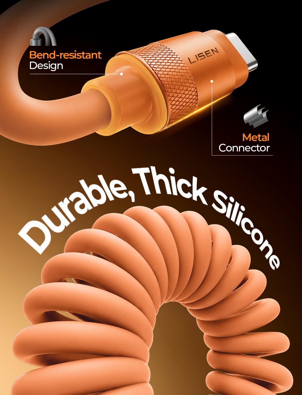 Thumbnail 4 de LISEN Coiled USB-C to USB-C Cable 60W (2 Pack) – Orange, Fast Charging